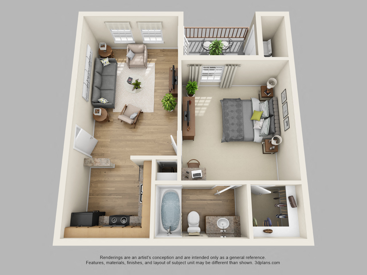 Floor plan for 1 bed, 1 bath, 597 sqft